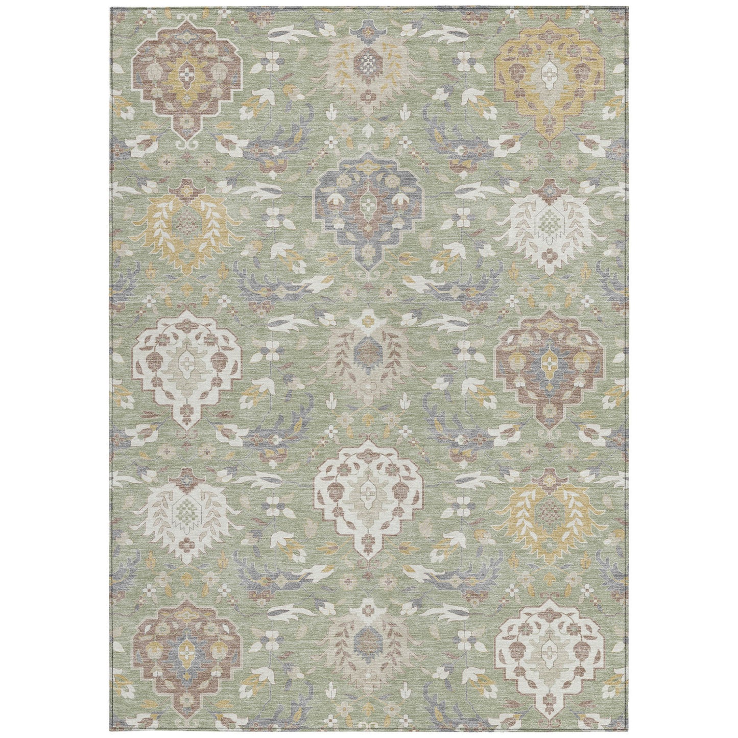 8' X 10' Artichoke Green Brown And Ivory Damask Washable Indoor Outdoor Area Rug