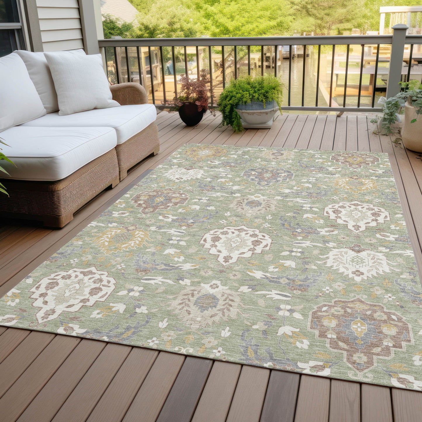 8' X 10' Artichoke Green Brown And Ivory Damask Washable Indoor Outdoor Area Rug
