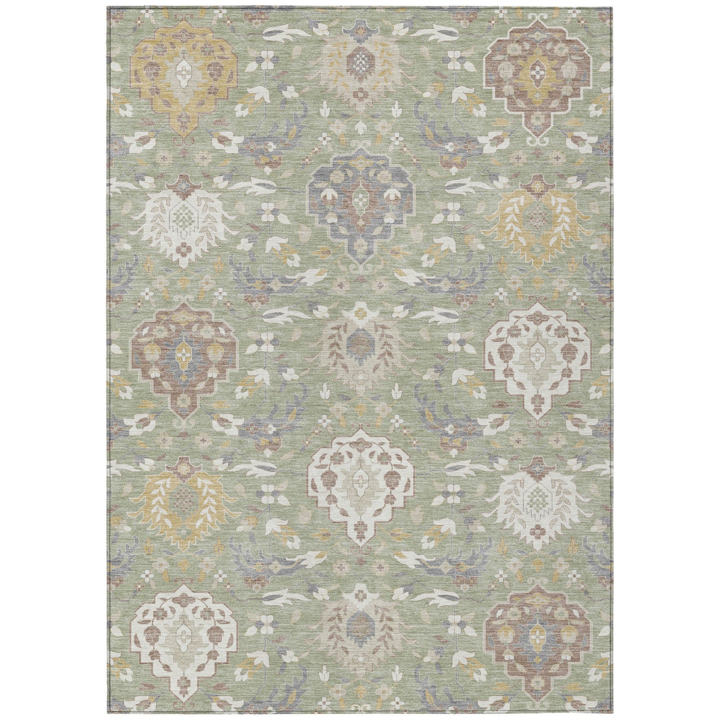 8' X 10' Artichoke Green Brown And Ivory Damask Washable Indoor Outdoor Area Rug