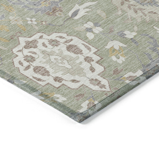 8' X 10' Artichoke Green Brown And Ivory Damask Washable Indoor Outdoor Area Rug