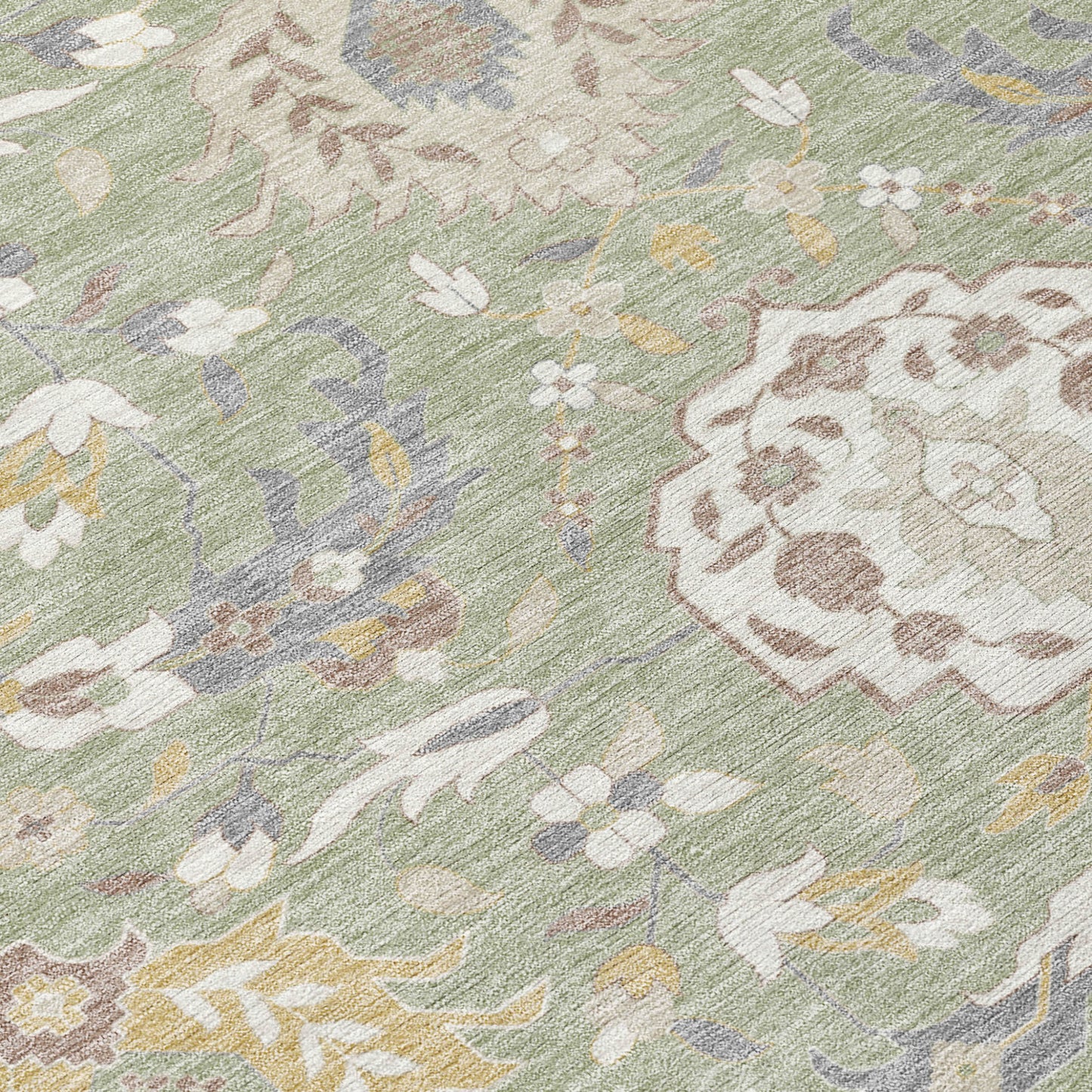 8' X 10' Artichoke Green Brown And Ivory Damask Washable Indoor Outdoor Area Rug