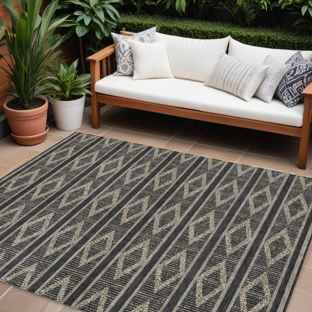 10' X 14' Black And Beige Geometric Washable Indoor Outdoor Area Rug-0