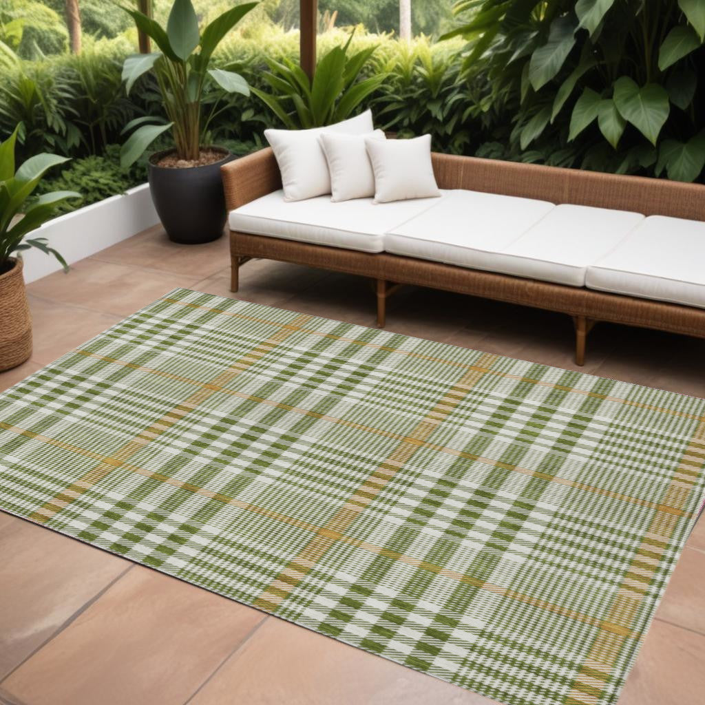 8' X 10' Olive Green Brown And Ivory Plaid Washable Indoor Outdoor Area Rug-0