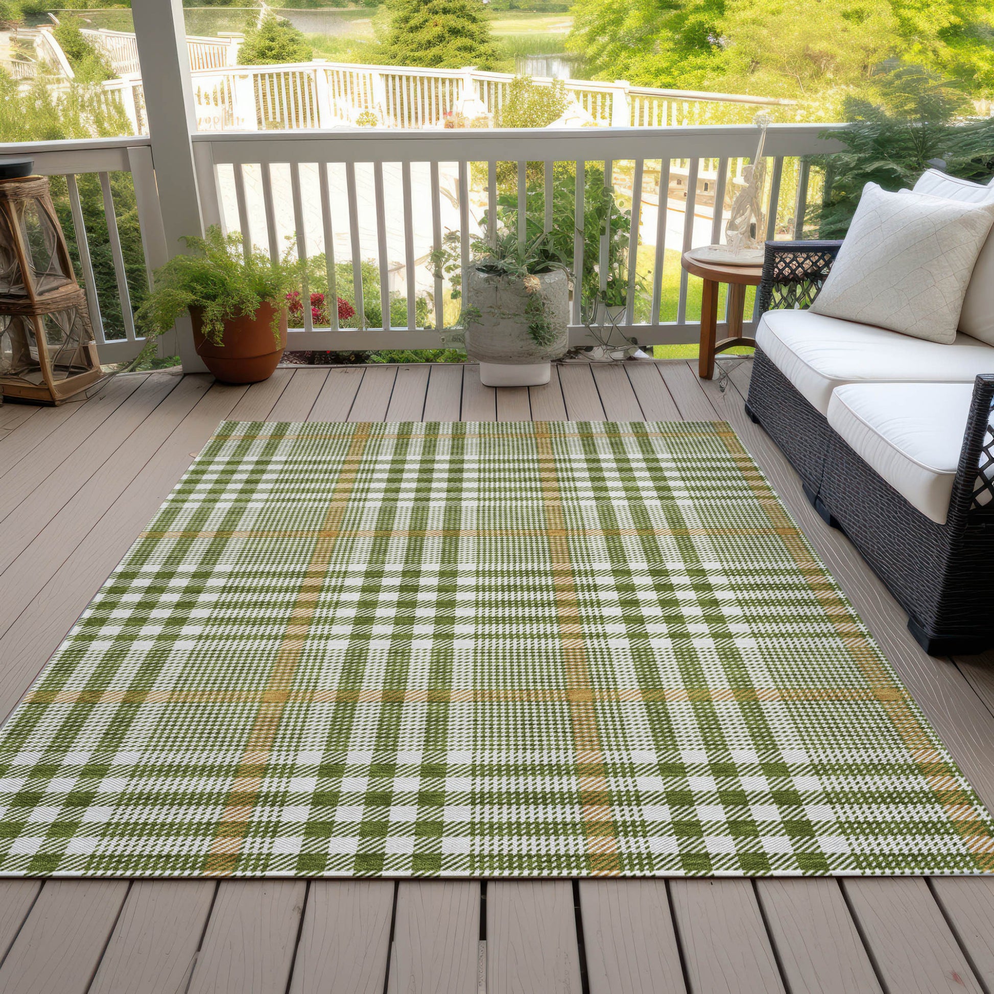 8' X 10' Olive Green Brown And Ivory Plaid Washable Indoor Outdoor Area Rug-6
