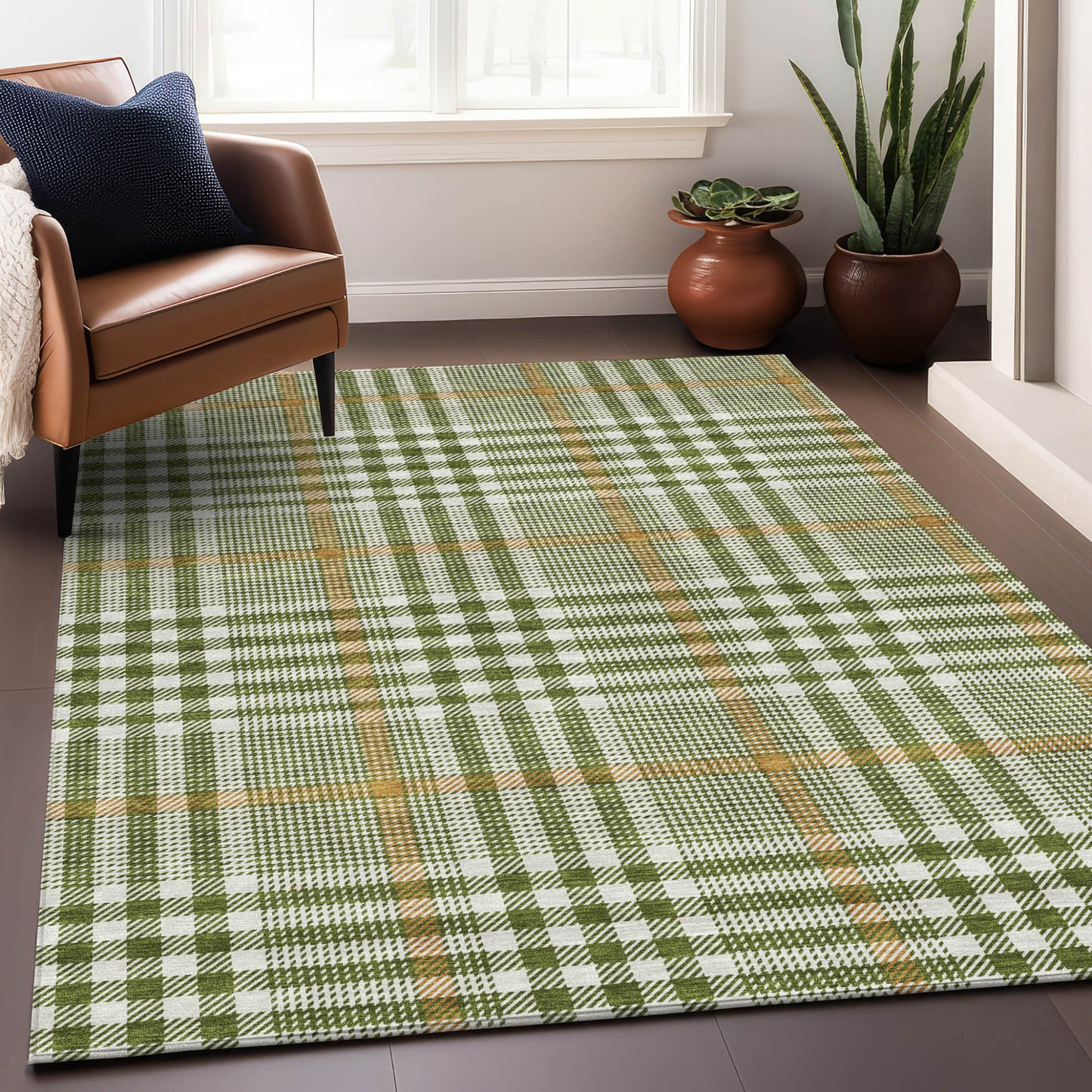 8' X 10' Olive Green Brown And Ivory Plaid Washable Indoor Outdoor Area Rug-7