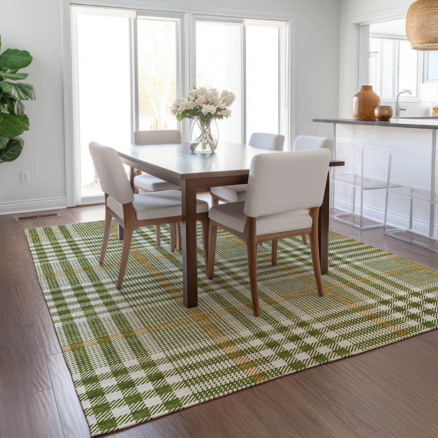 8' X 10' Olive Green Brown And Ivory Plaid Washable Indoor Outdoor Area Rug-8
