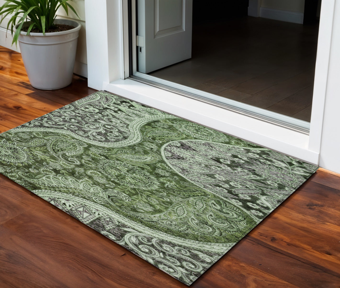 3' X 5' Olive Green Charcoal And Gray Floral Medallion Washable Indoor Outdoor Area Rug-0