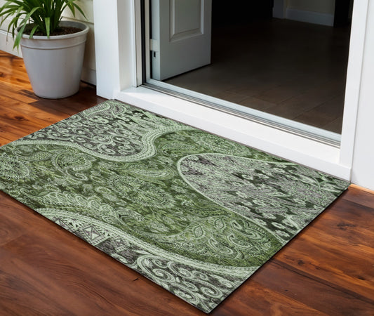 3' X 5' Olive Green Charcoal And Gray Floral Medallion Washable Indoor Outdoor Area Rug-0