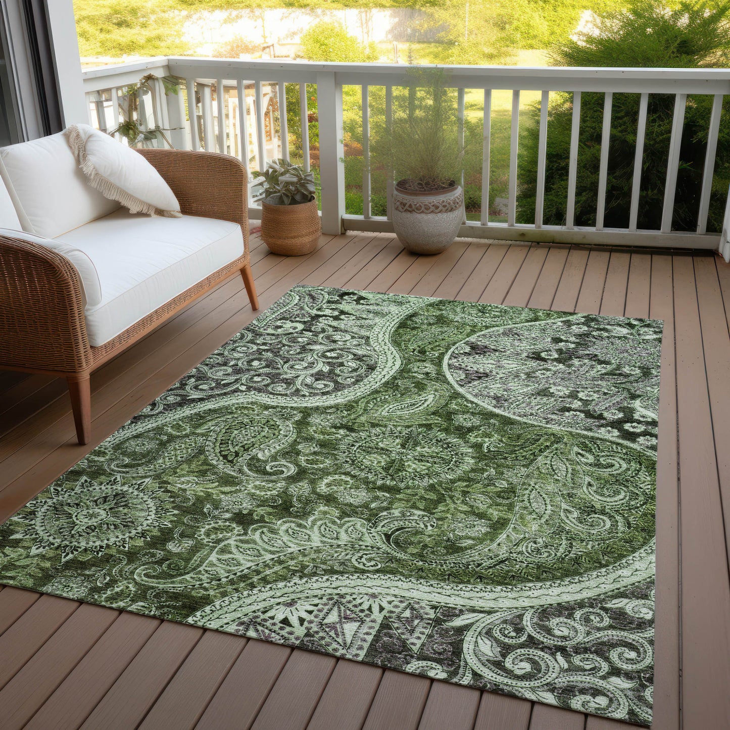 3' X 5' Olive Green Charcoal And Gray Floral Medallion Washable Indoor Outdoor Area Rug-6