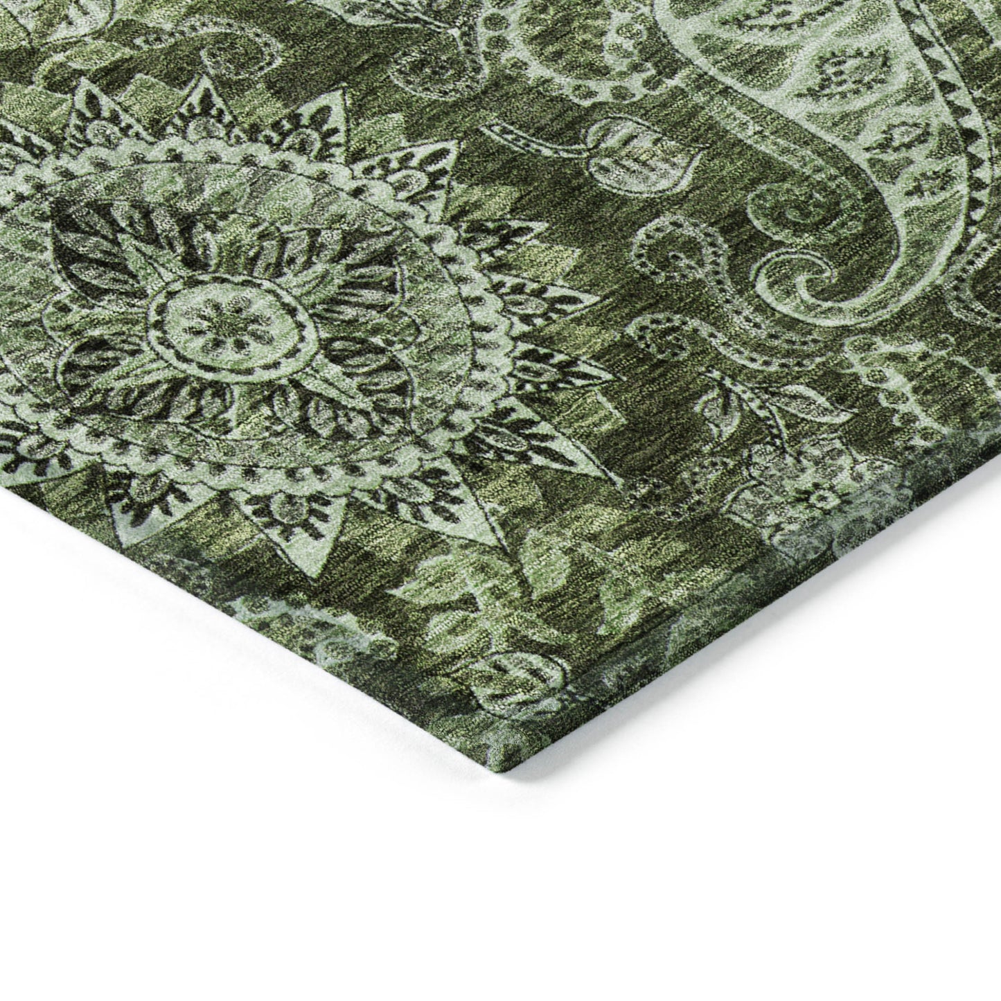 3' X 5' Olive Green Charcoal And Gray Floral Medallion Washable Indoor Outdoor Area Rug-3