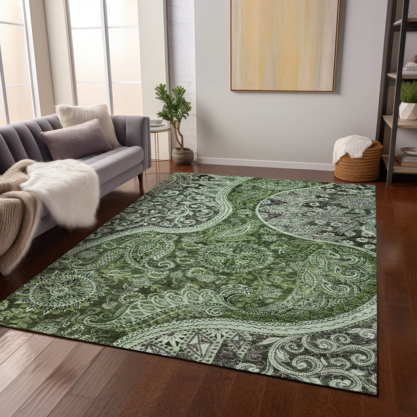 3' X 5' Olive Green Charcoal And Gray Floral Medallion Washable Indoor Outdoor Area Rug-8