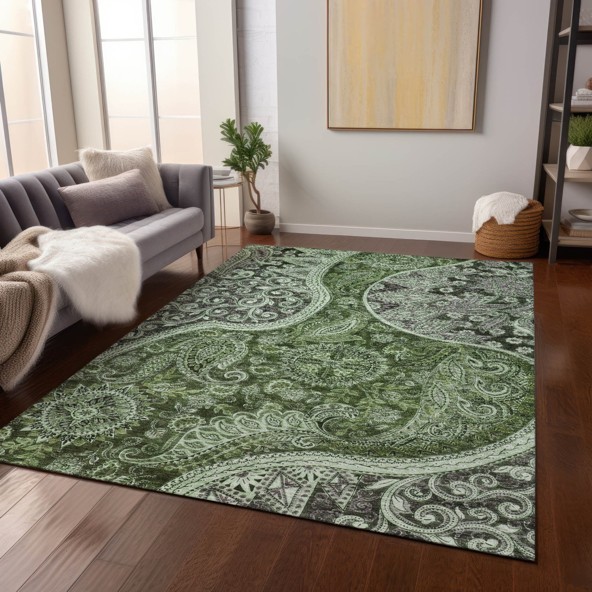 3' X 5' Olive Green Charcoal And Gray Floral Medallion Washable Indoor Outdoor Area Rug-8