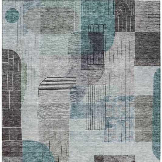 5' X 8' Teal Blue Gray And Charcoal Abstract Washable Indoor Outdoor Area Rug