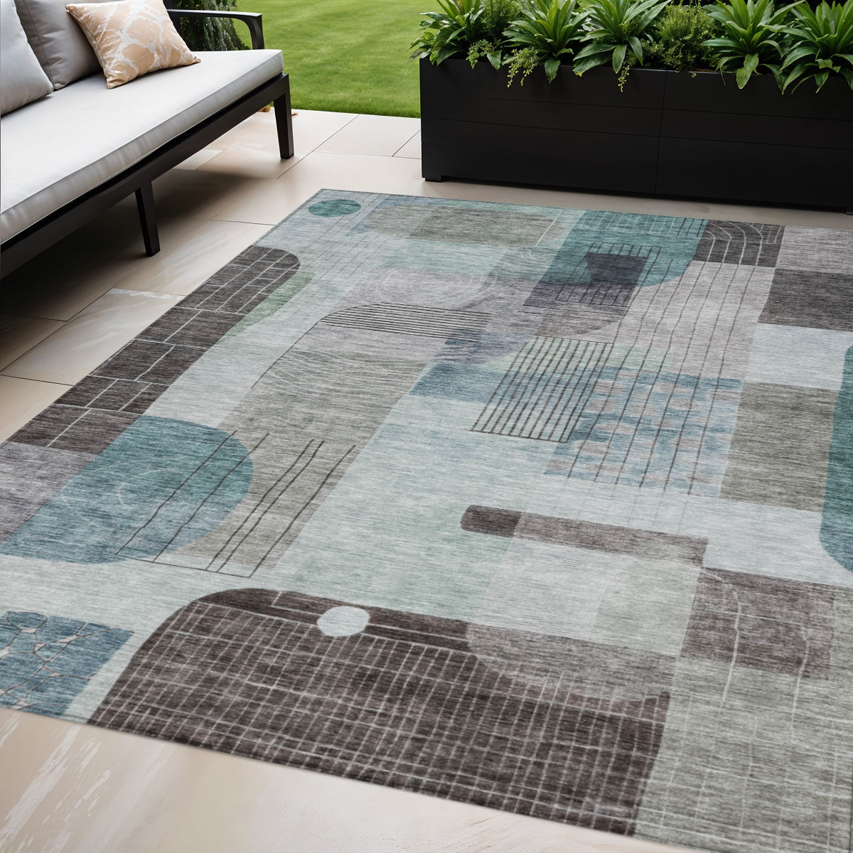 5' X 8' Teal Blue Gray And Charcoal Abstract Washable Indoor Outdoor Area Rug