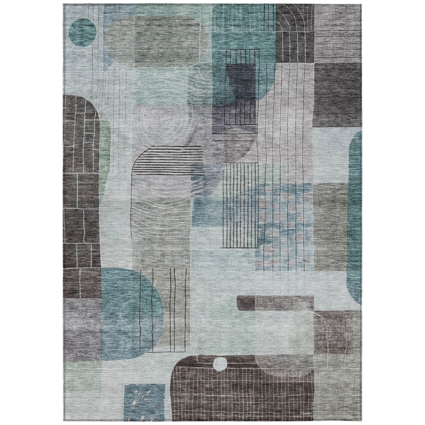 5' X 8' Teal Blue Gray And Charcoal Abstract Washable Indoor Outdoor Area Rug