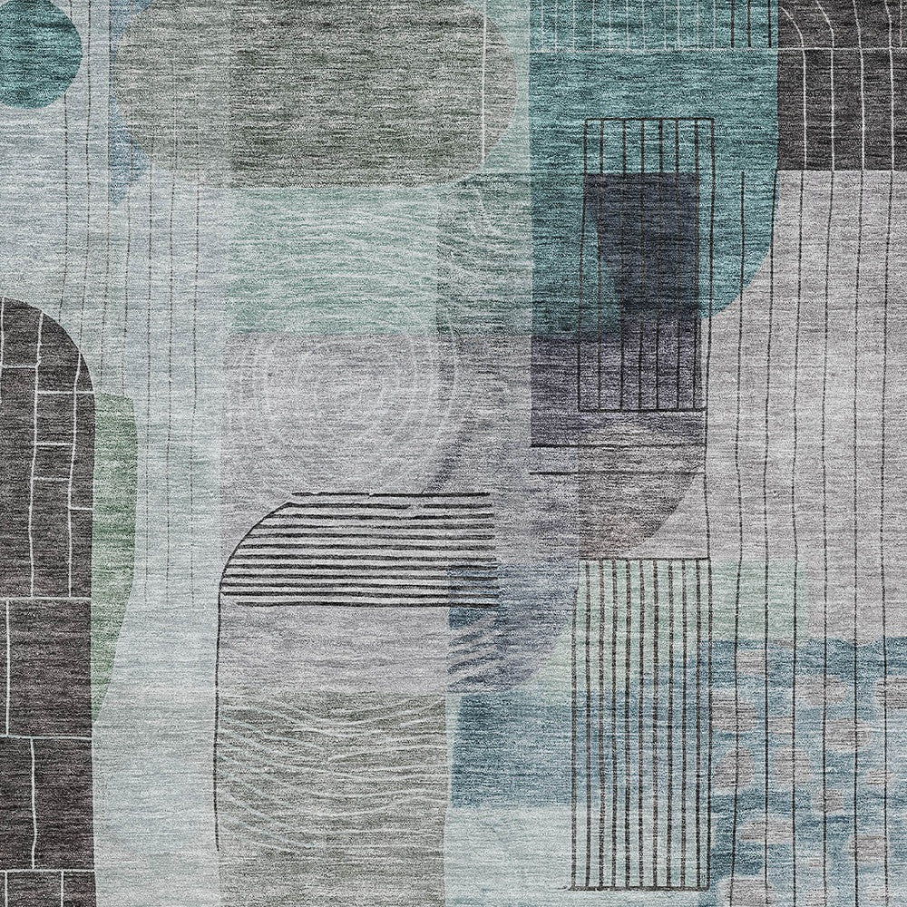 5' X 8' Teal Blue Gray And Charcoal Abstract Washable Indoor Outdoor Area Rug