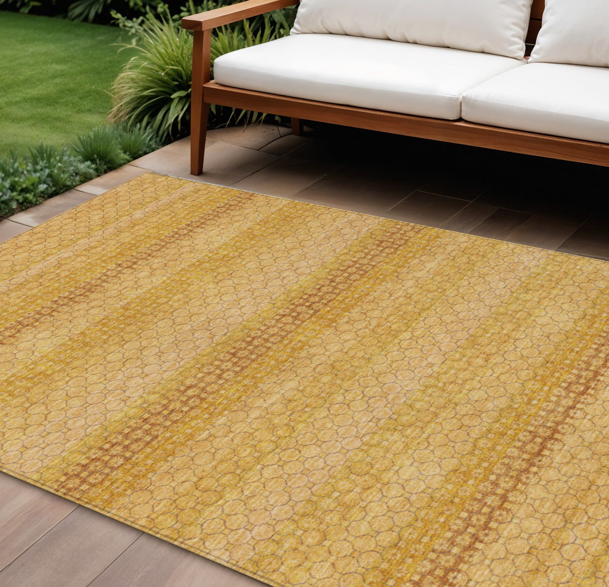 8' X 10' Wheat And Gold Striped Washable Indoor Outdoor Area Rug