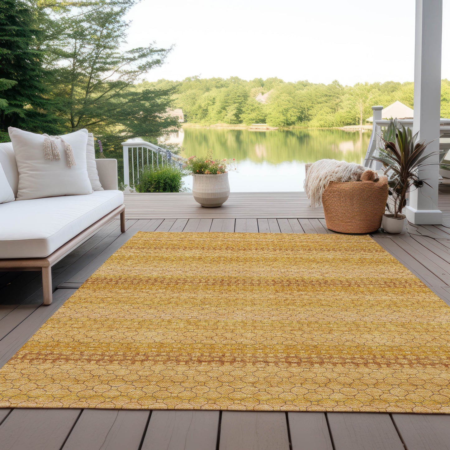 8' X 10' Wheat And Gold Striped Washable Indoor Outdoor Area Rug