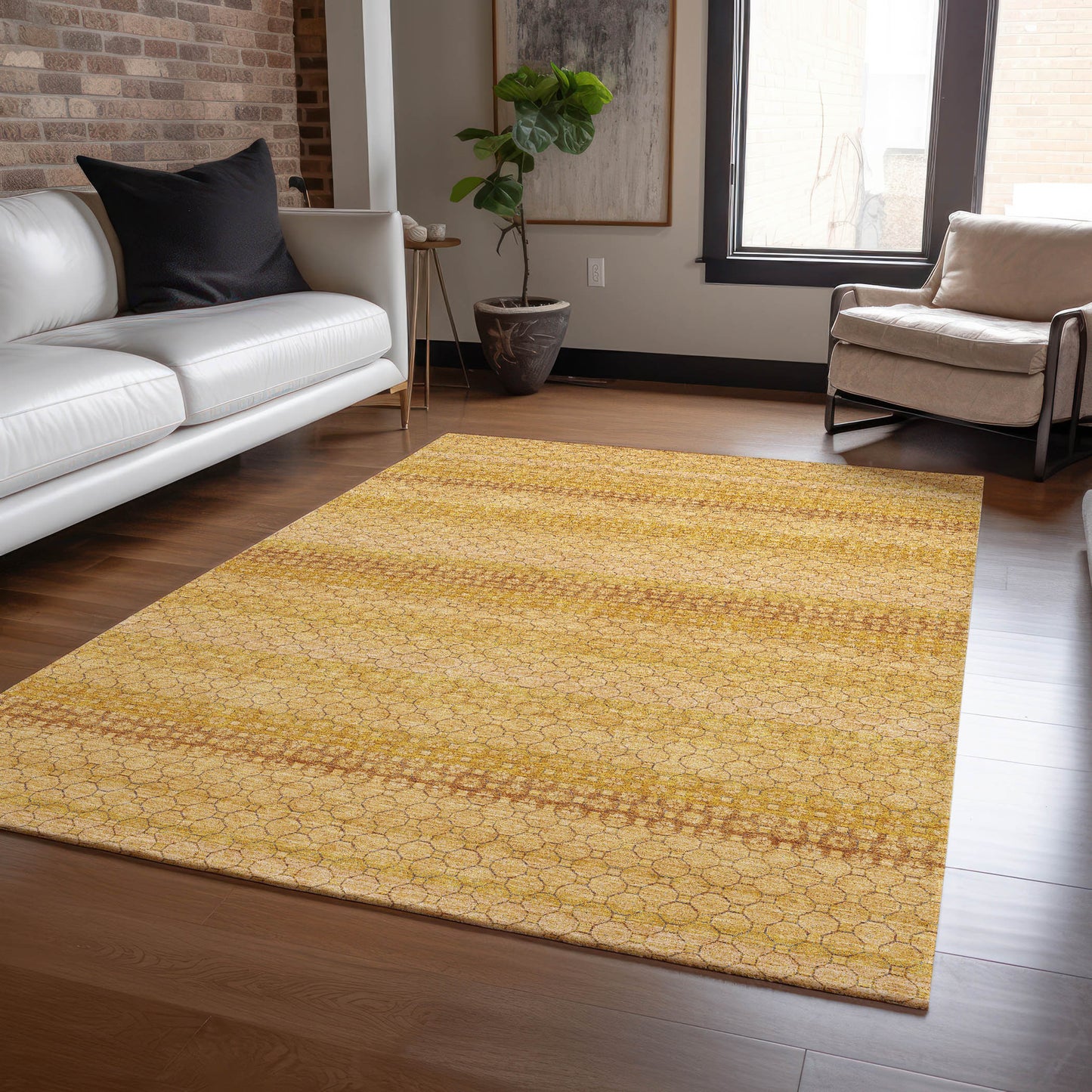 8' X 10' Wheat And Gold Striped Washable Indoor Outdoor Area Rug