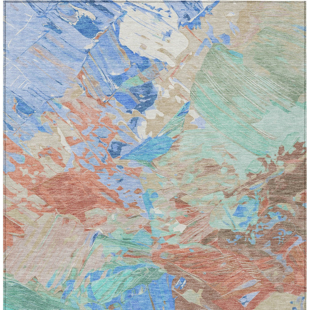 3' X 5' Coral Teal Blue And Mint Green Abstract Washable Indoor Outdoor Area Rug