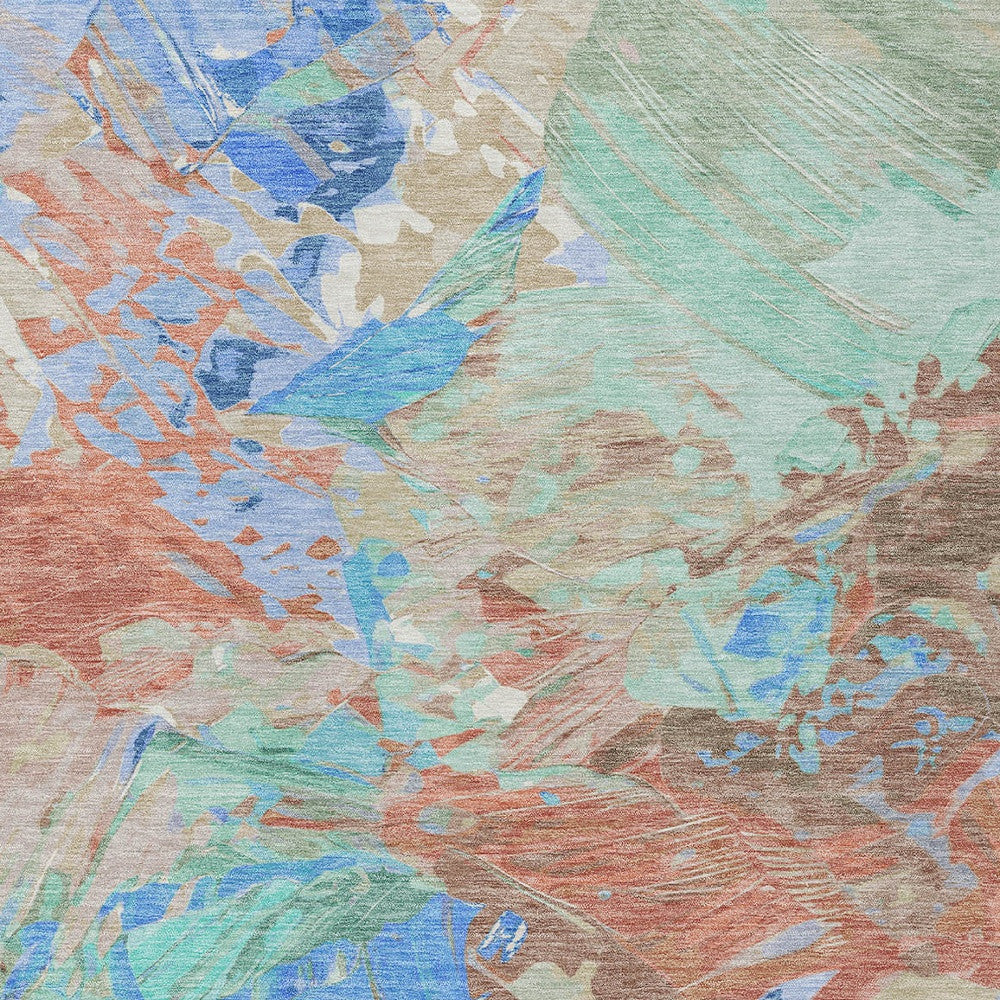 3' X 5' Coral Teal Blue And Mint Green Abstract Washable Indoor Outdoor Area Rug