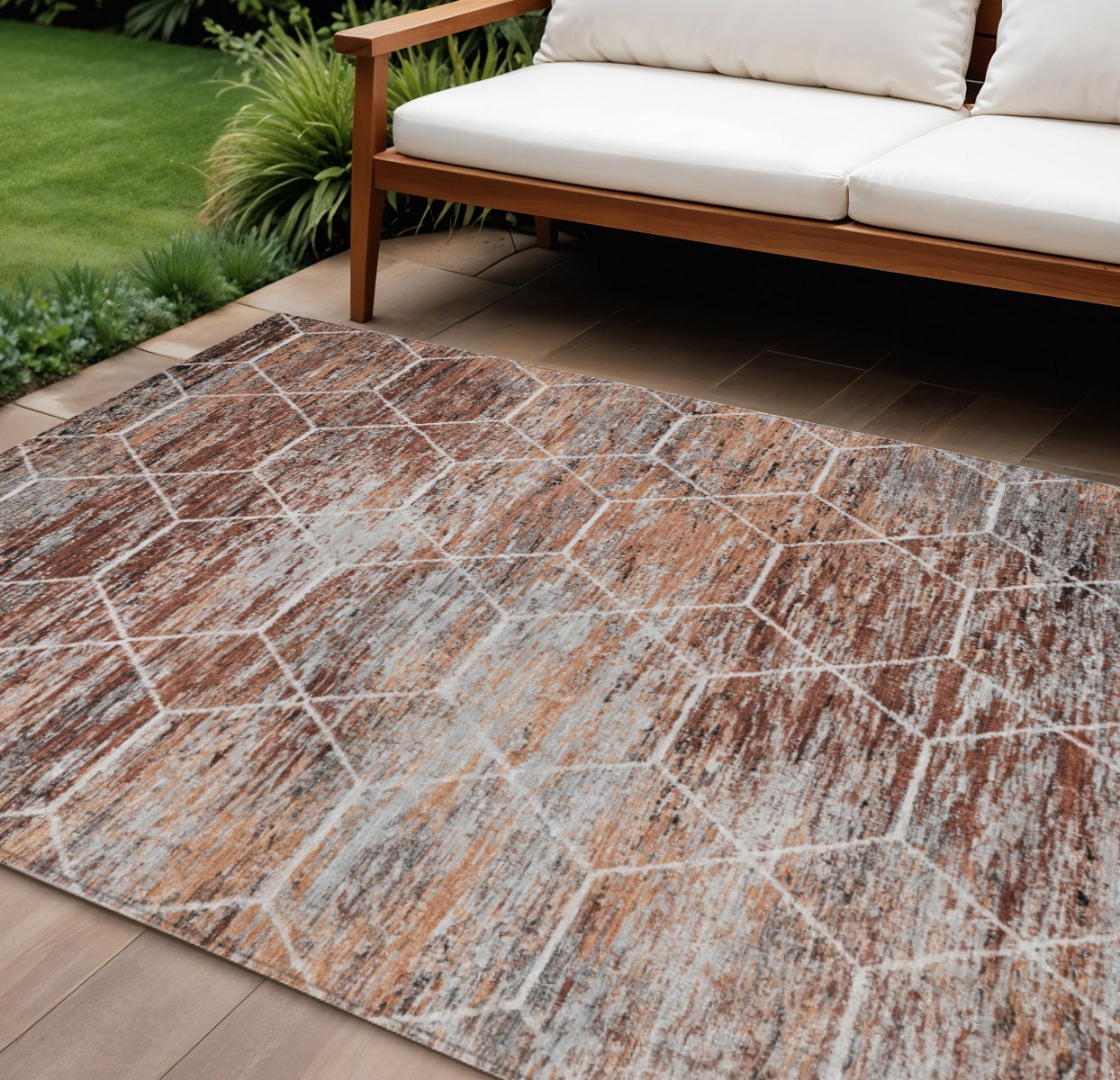 8' X 10' Rust Gray And Ivory Geometric Washable Indoor Outdoor Area Rug
