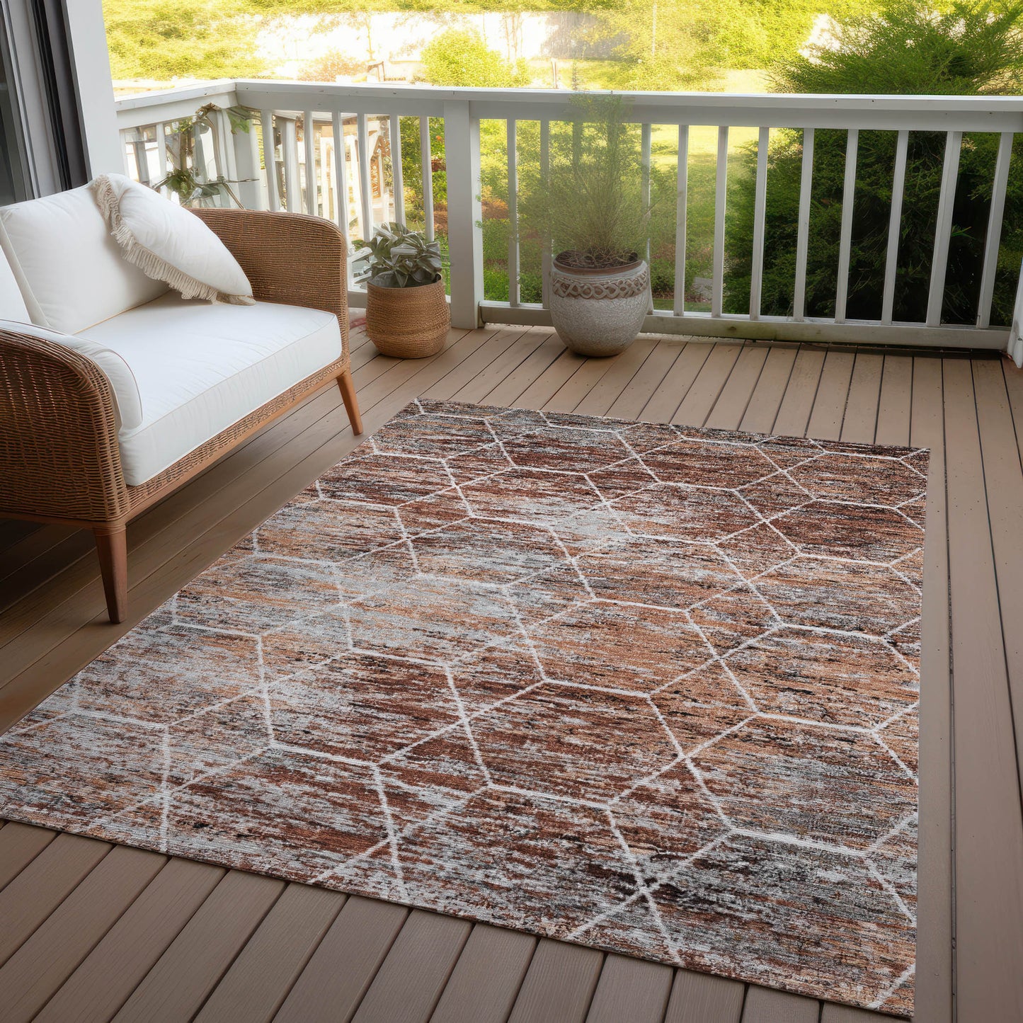8' X 10' Rust Gray And Ivory Geometric Washable Indoor Outdoor Area Rug