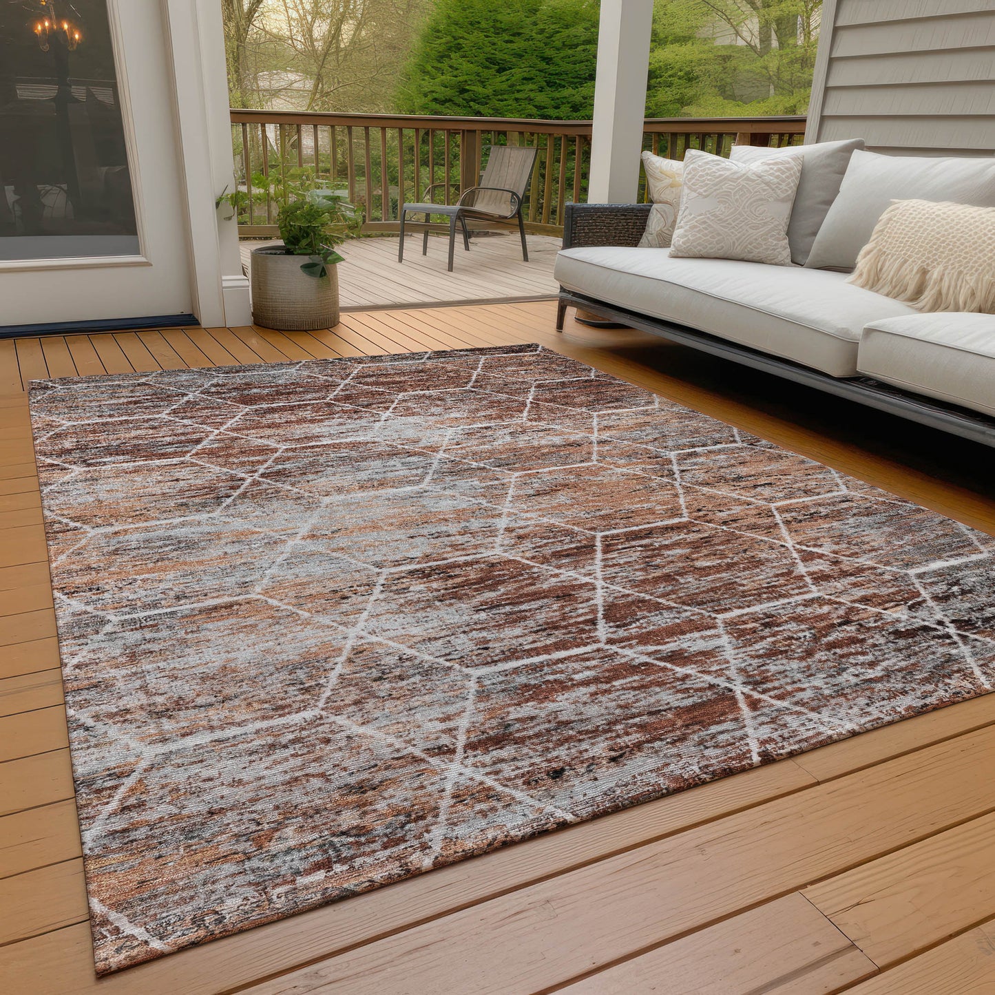 8' X 10' Rust Gray And Ivory Geometric Washable Indoor Outdoor Area Rug