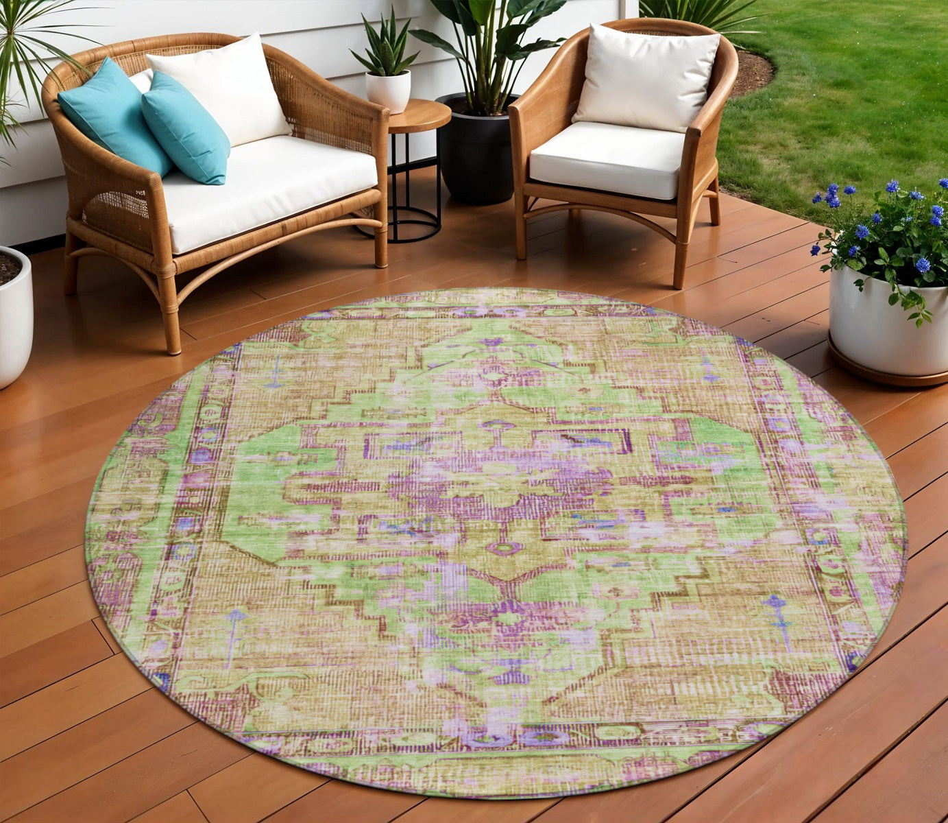 8' Lime Green Purple And Beige Round Oriental Washable Indoor Outdoor Area Rug-1