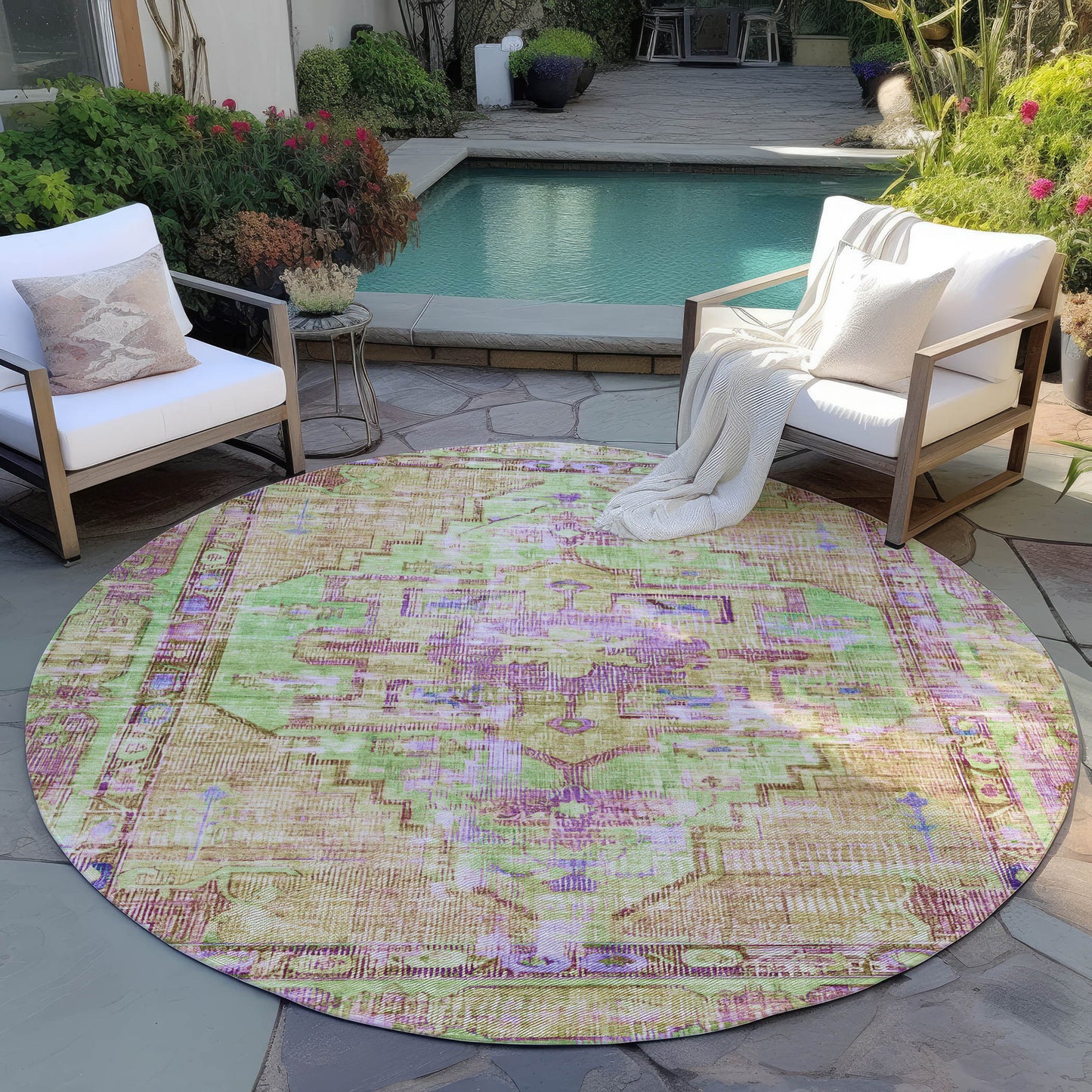 8' Lime Green Purple And Beige Round Oriental Washable Indoor Outdoor Area Rug-5