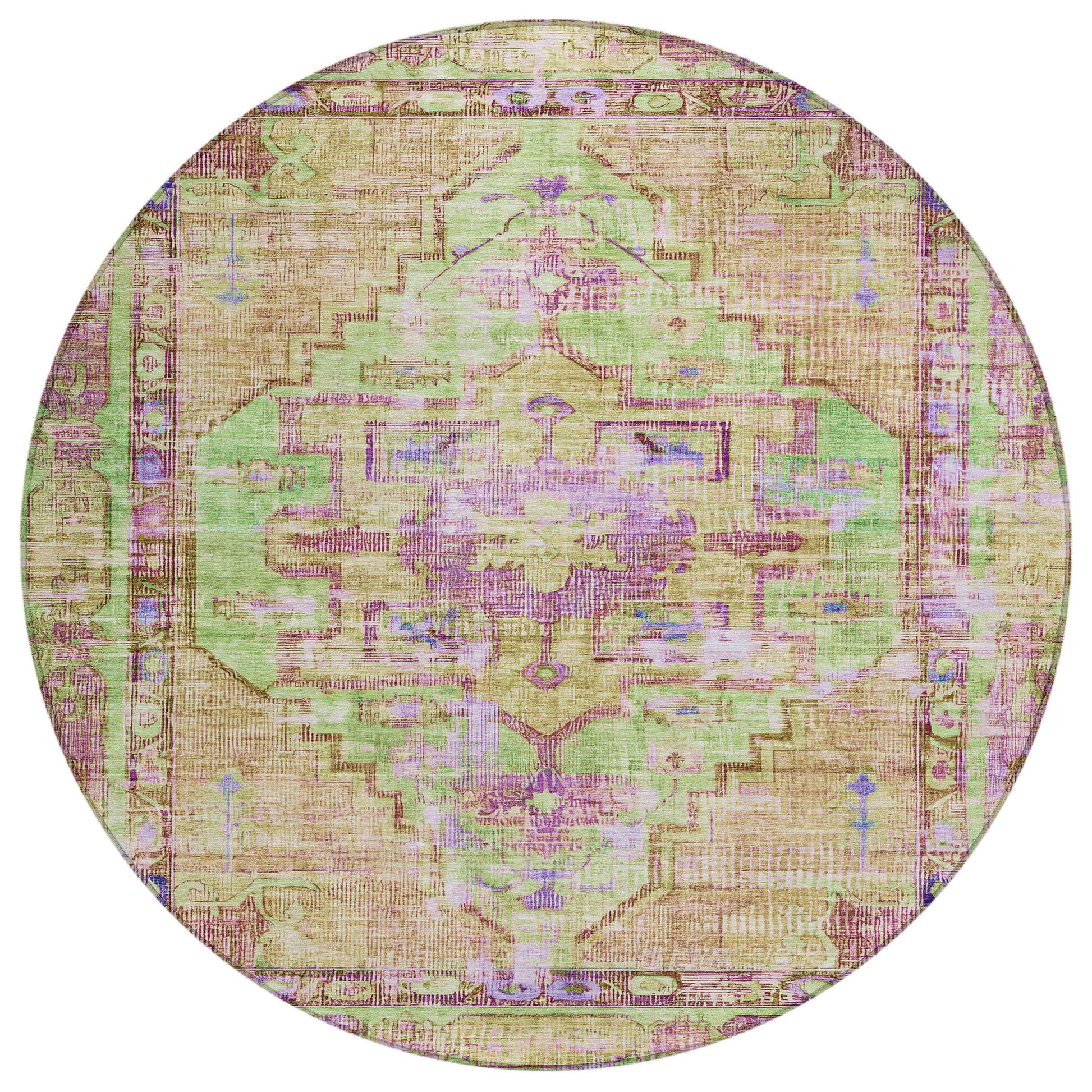 8' Lime Green Purple And Beige Round Oriental Washable Indoor Outdoor Area Rug-0