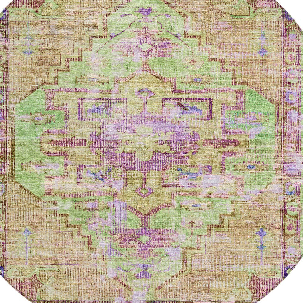 8' Lime Green Purple And Beige Round Oriental Washable Indoor Outdoor Area Rug-3