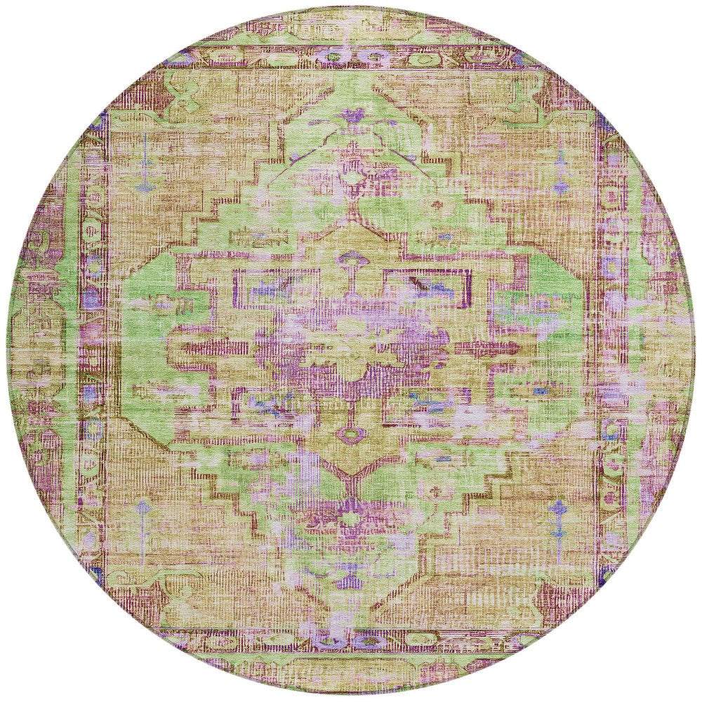 8' Lime Green Purple And Beige Round Oriental Washable Indoor Outdoor Area Rug-4