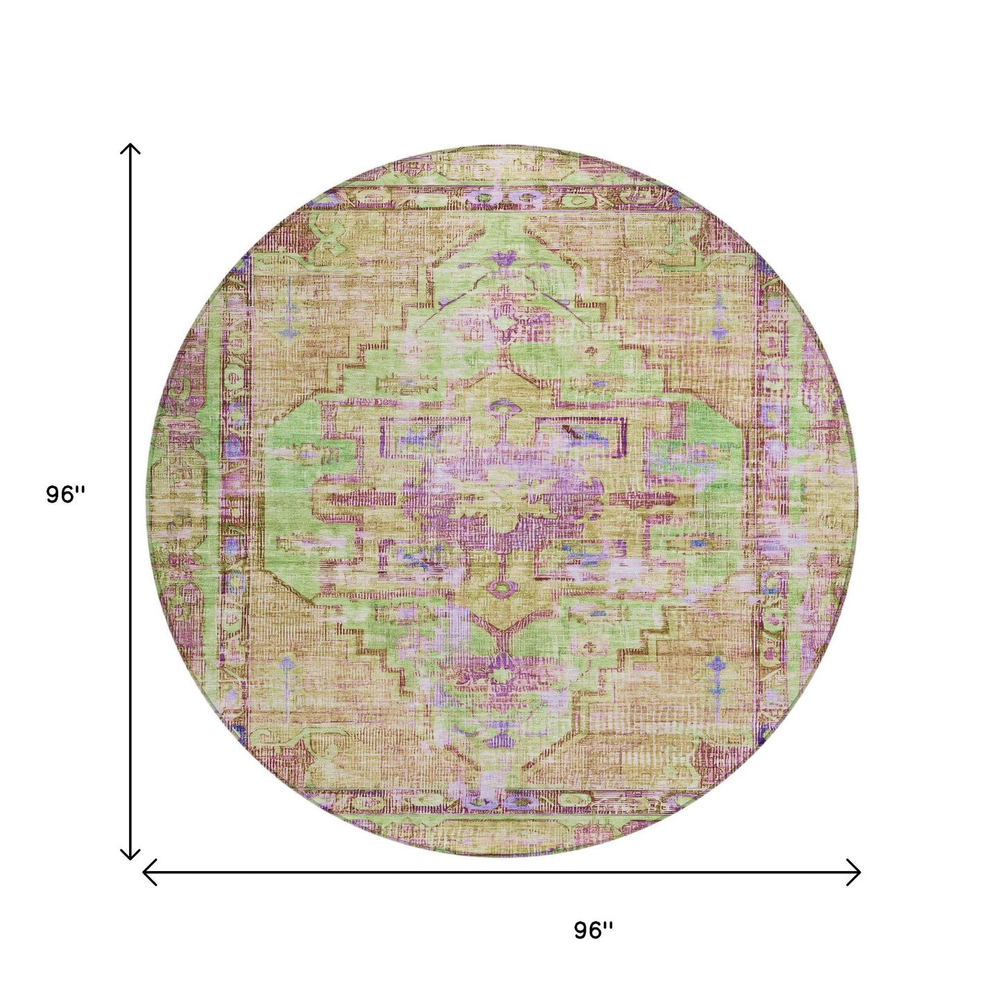 8' Lime Green Purple And Beige Round Oriental Washable Indoor Outdoor Area Rug-8