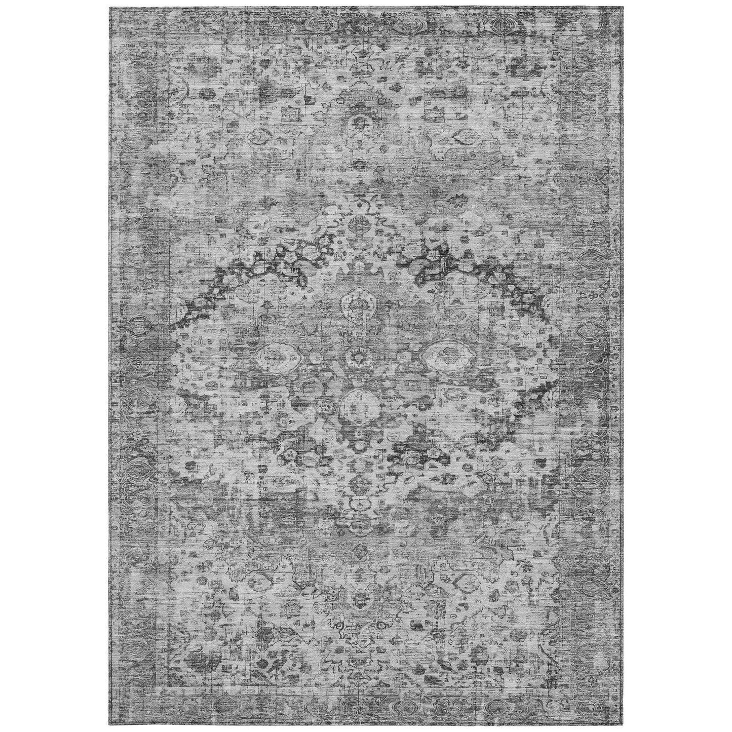10' X 14' Gray And Silver Floral Washable Indoor Outdoor Area Rug