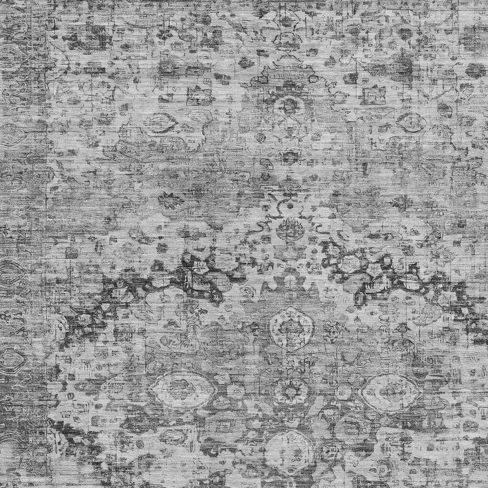 10' X 14' Gray And Silver Floral Washable Indoor Outdoor Area Rug