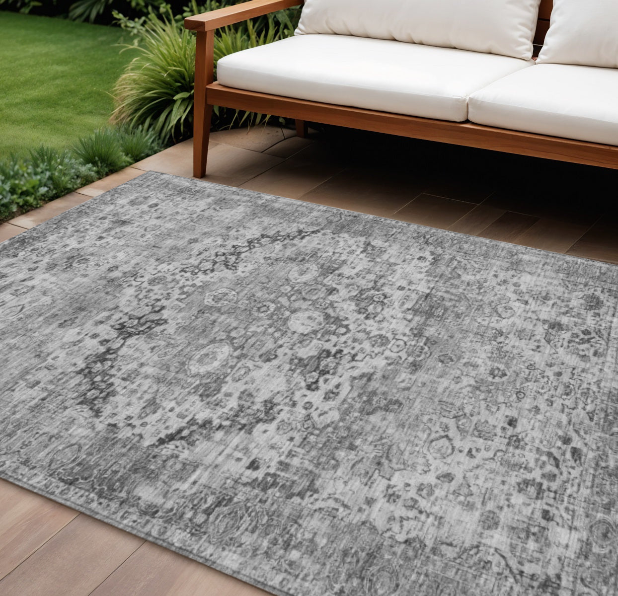 10' X 14' Gray And Silver Floral Washable Indoor Outdoor Area Rug