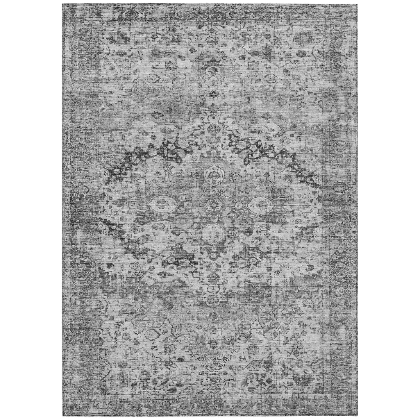 10' X 14' Gray And Silver Floral Washable Indoor Outdoor Area Rug