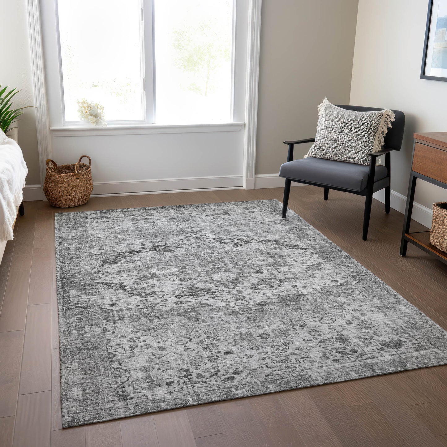 10' X 14' Gray And Silver Floral Washable Indoor Outdoor Area Rug