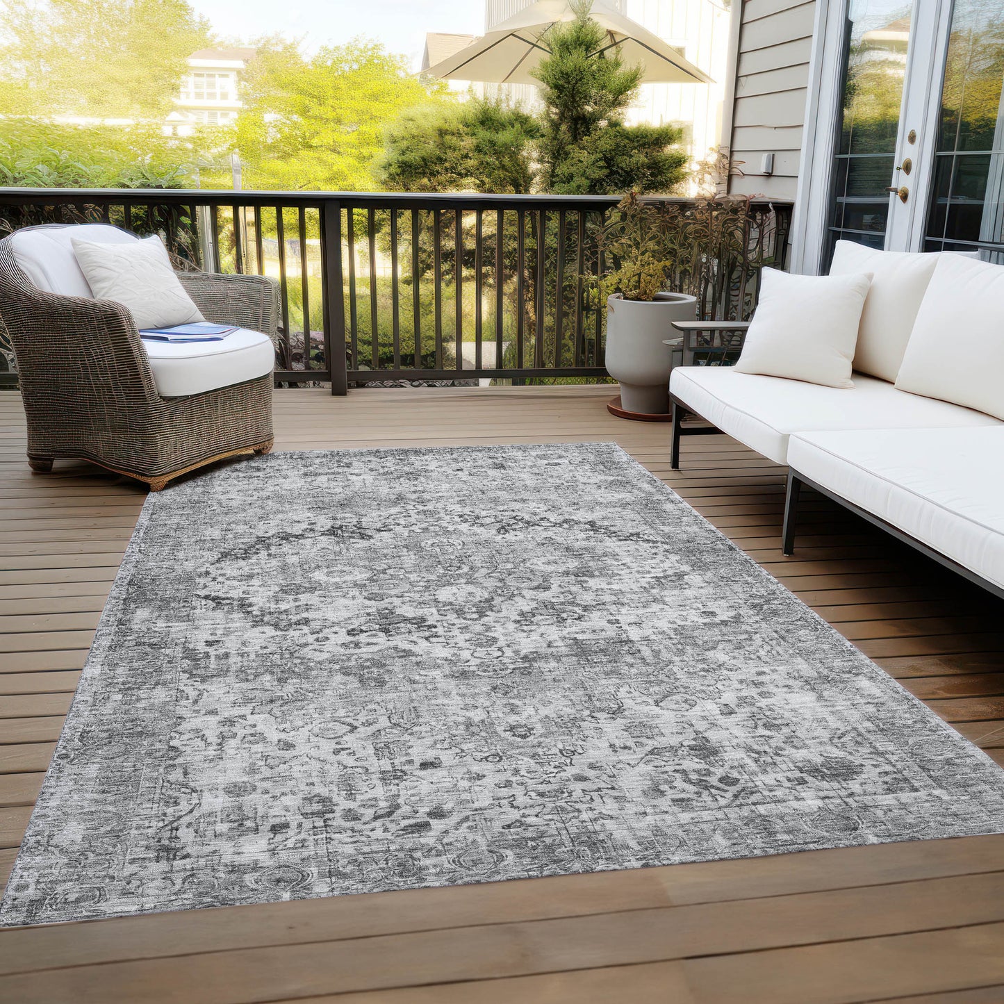 10' X 14' Gray And Silver Floral Washable Indoor Outdoor Area Rug