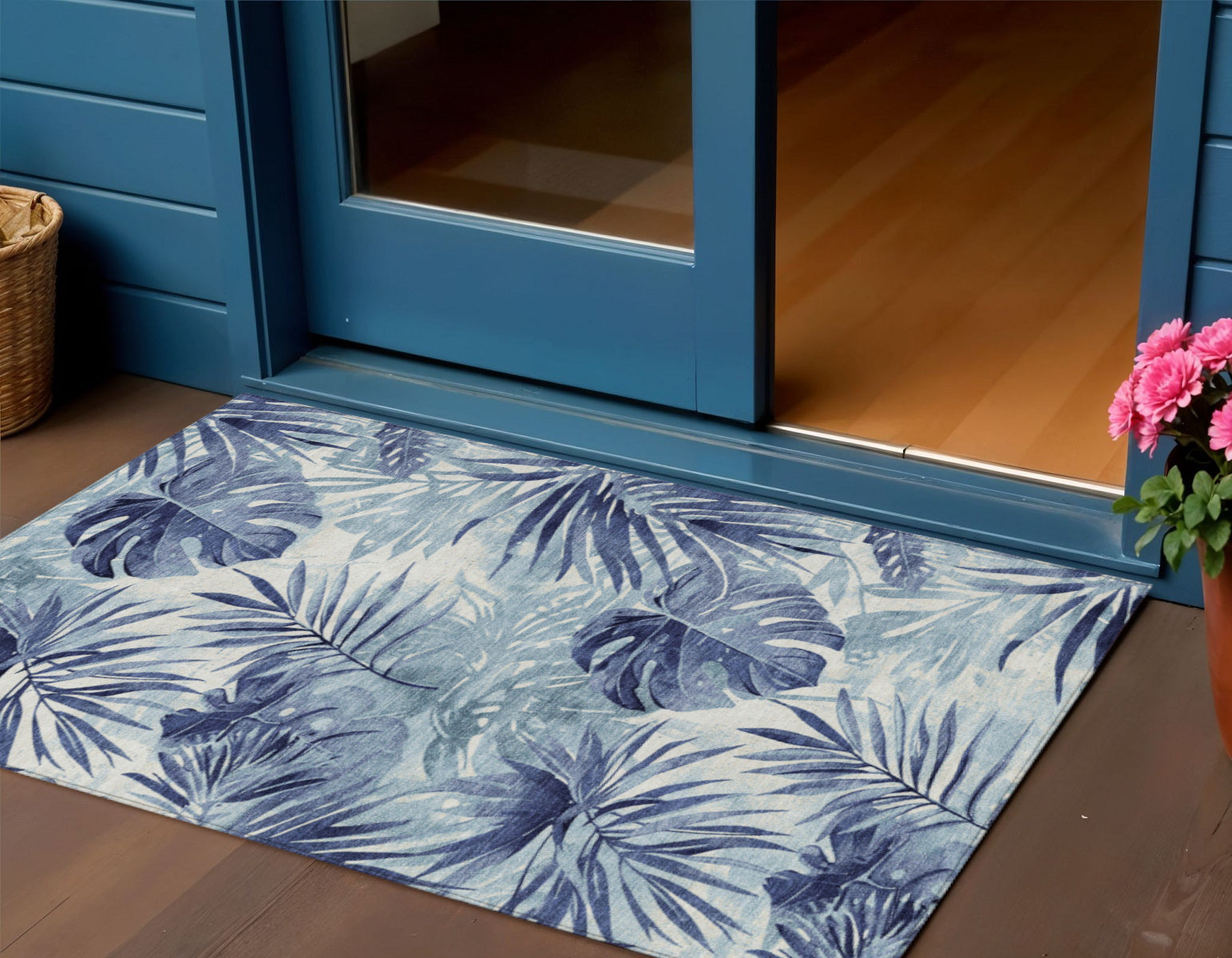 3' X 5' Blue And Ivory Floral Washable Indoor Outdoor Area Rug-1