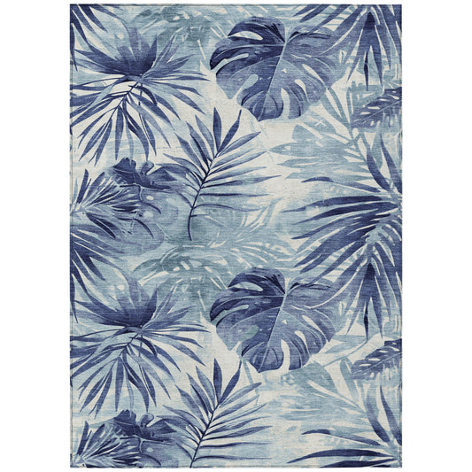 3' X 5' Blue And Ivory Floral Washable Indoor Outdoor Area Rug-0