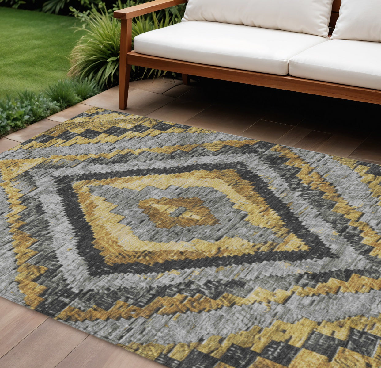 10' X 14' Gold And Gray Aztec Washable Indoor Outdoor Area Rug