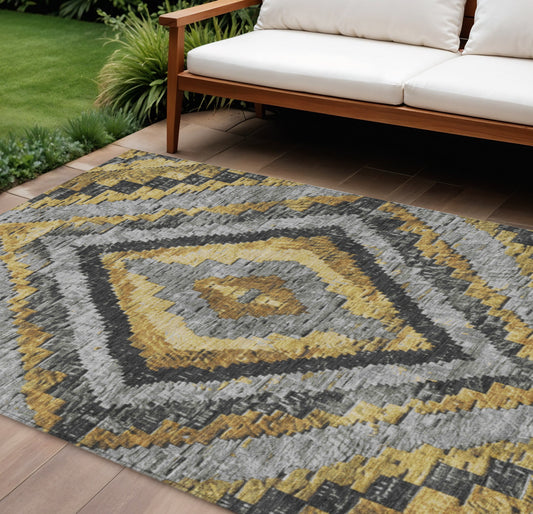 10' X 14' Gold And Gray Aztec Washable Indoor Outdoor Area Rug