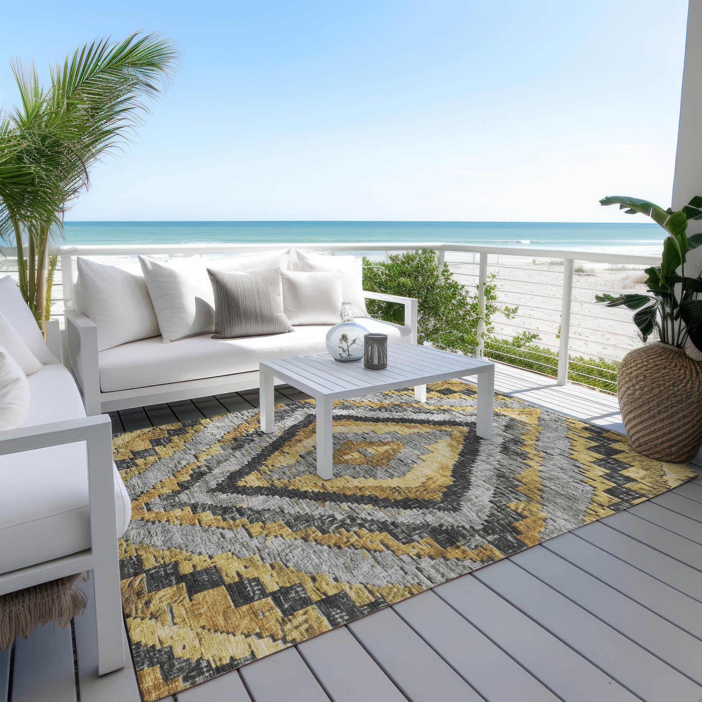 10' X 14' Gold And Gray Aztec Washable Indoor Outdoor Area Rug