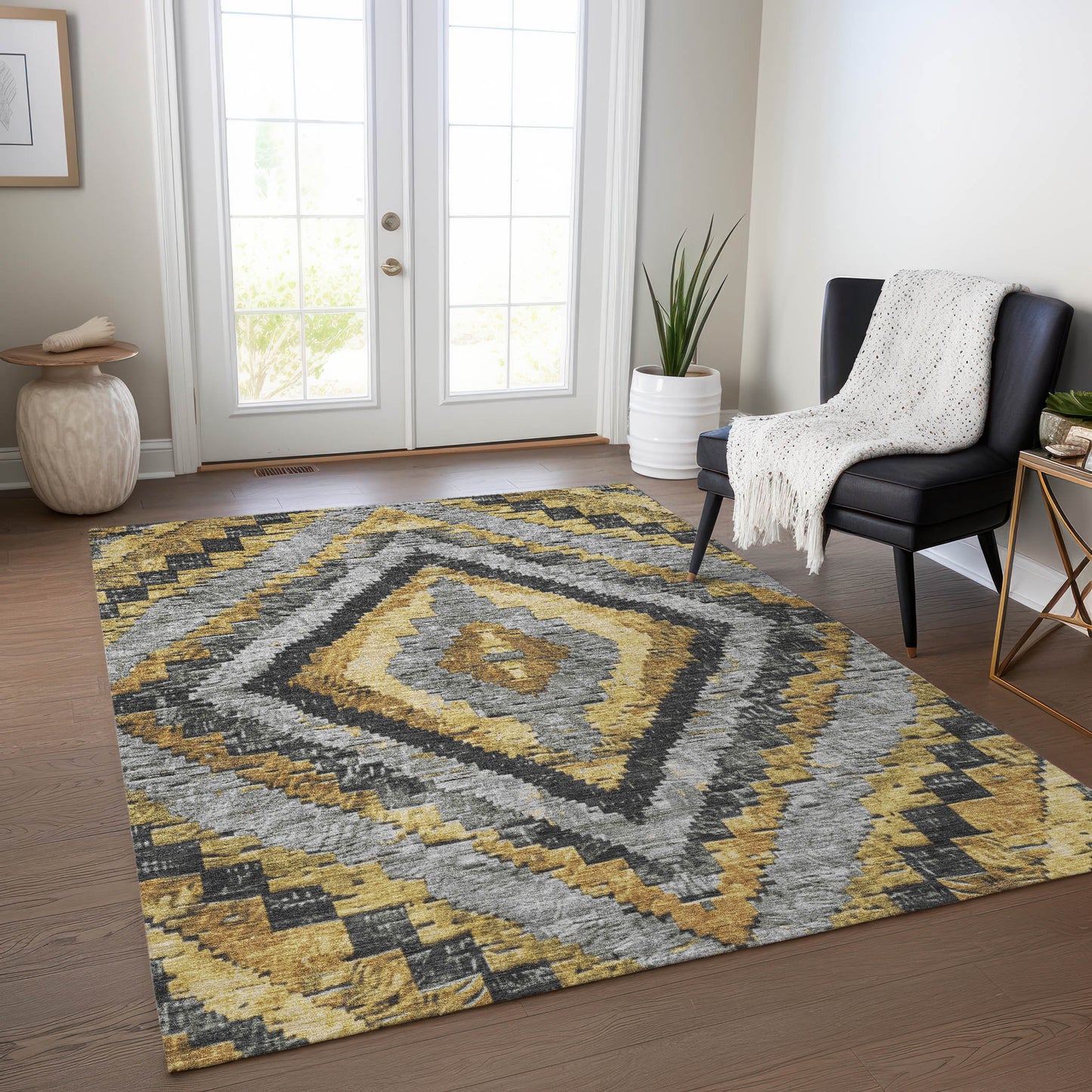 10' X 14' Gold And Gray Aztec Washable Indoor Outdoor Area Rug