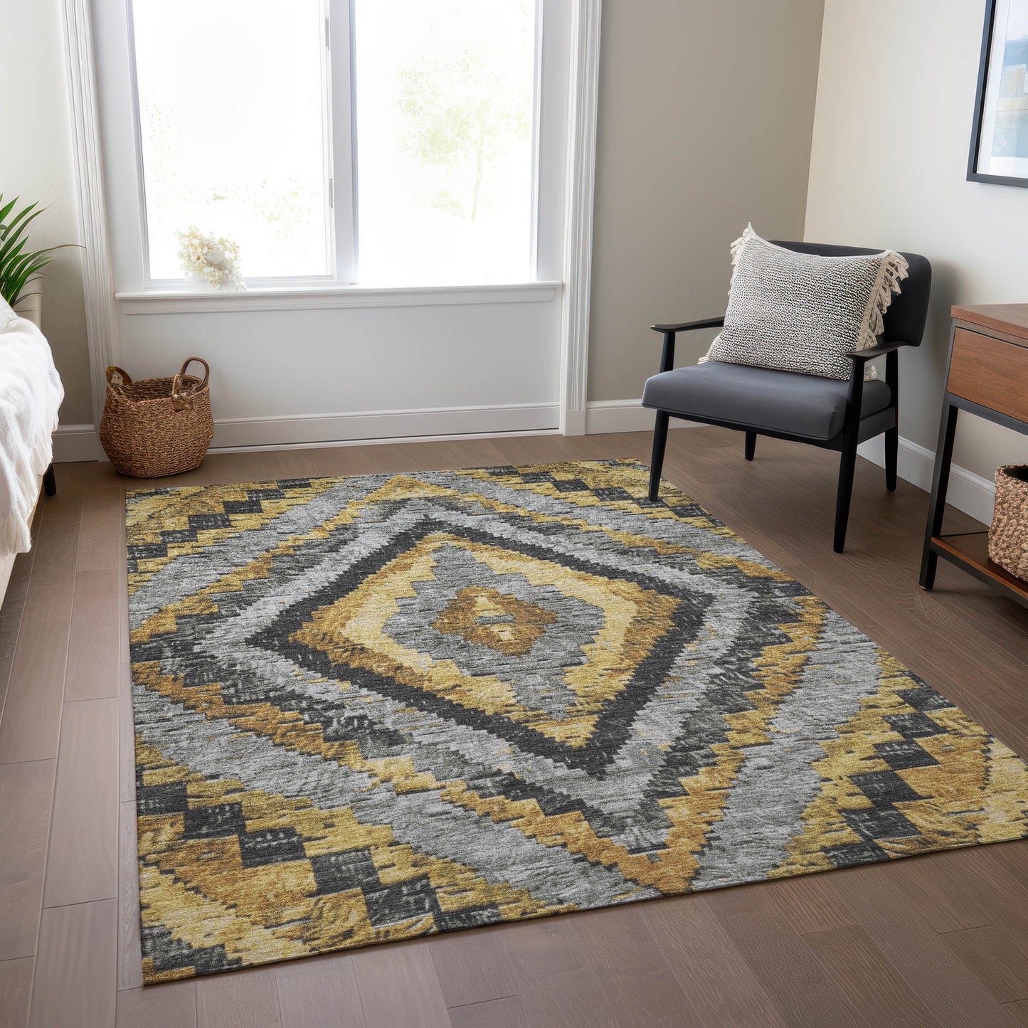 10' X 14' Gold And Gray Aztec Washable Indoor Outdoor Area Rug