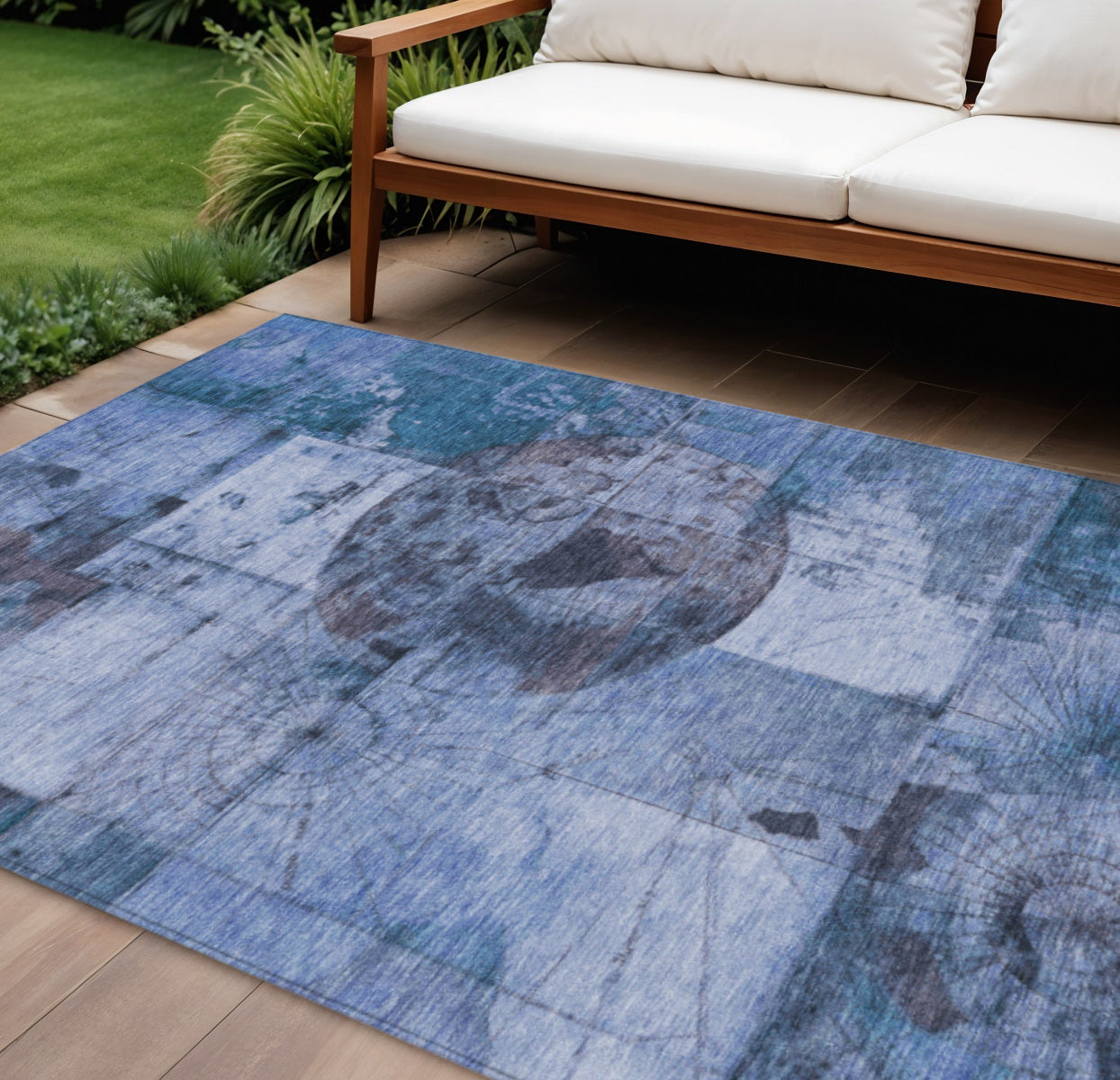 8' X 10' Blue And Sky Blue Abstract Washable Indoor Outdoor Area Rug