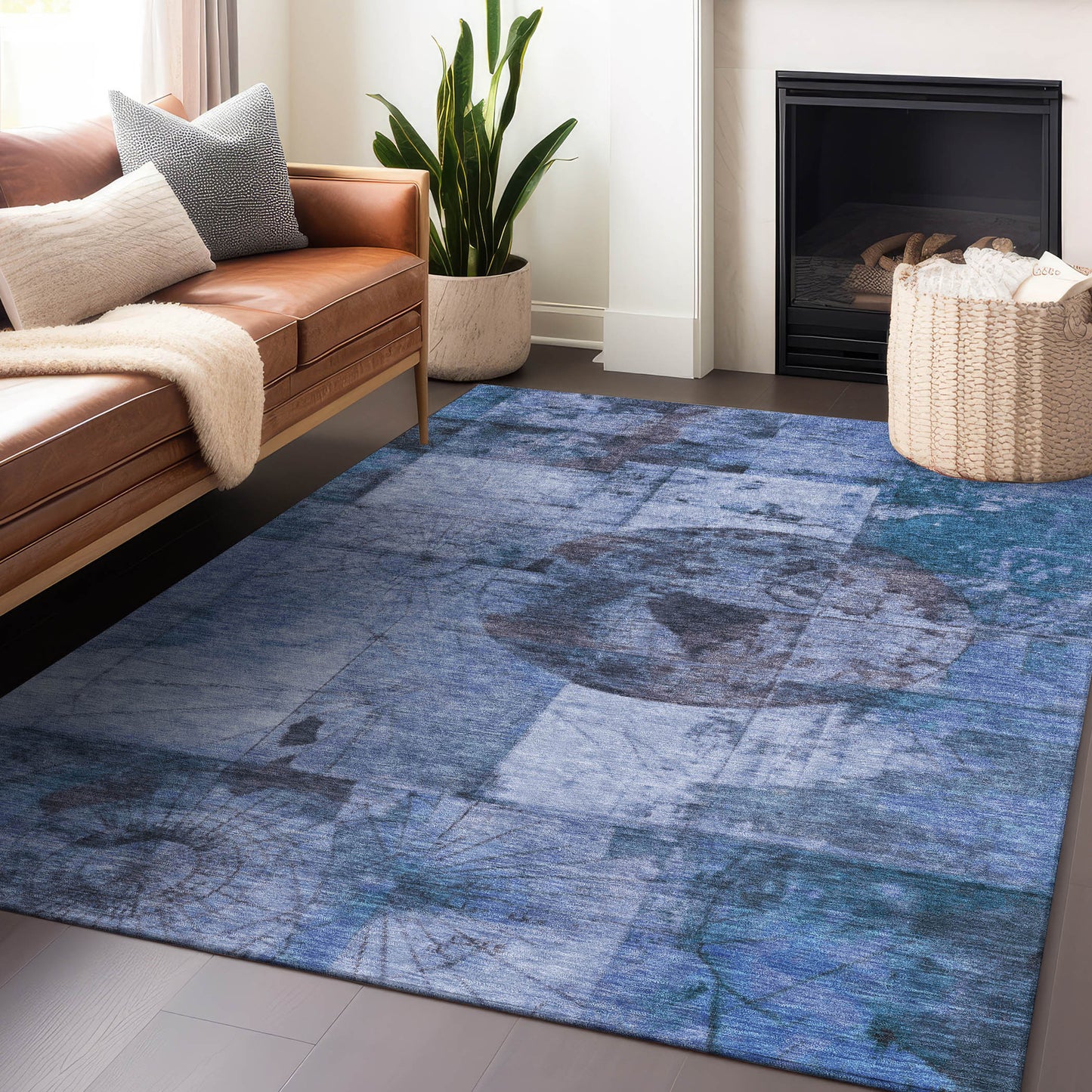 8' X 10' Blue And Sky Blue Abstract Washable Indoor Outdoor Area Rug
