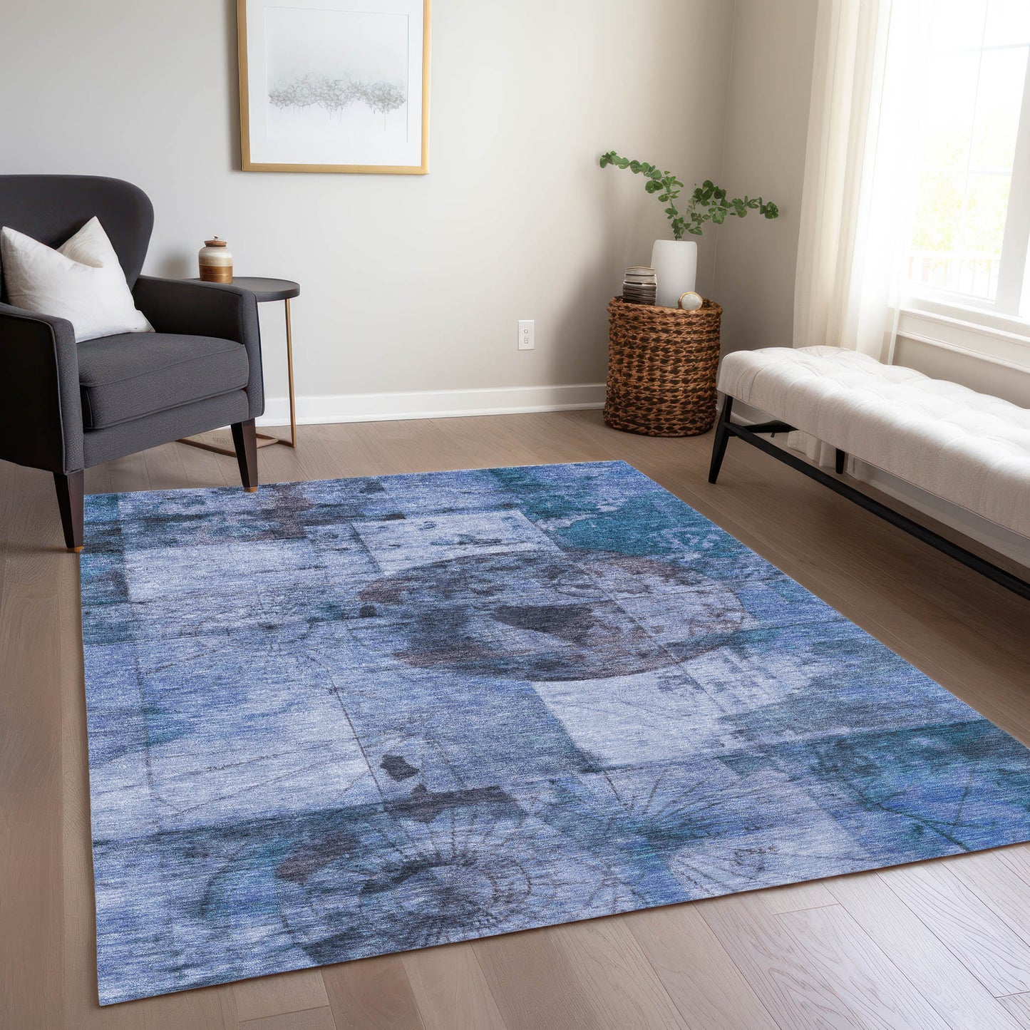 8' X 10' Blue And Sky Blue Abstract Washable Indoor Outdoor Area Rug